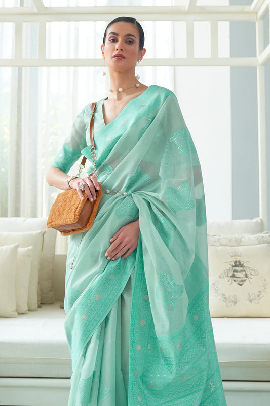 turquoise blue chikankari saree 1