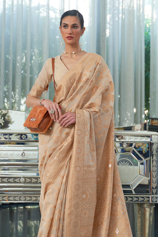 creamy beige chikankari saree 1