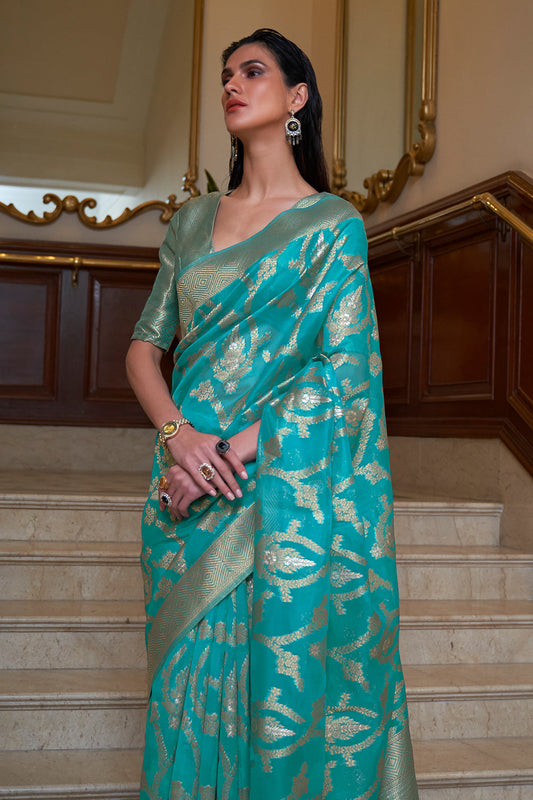 sky blue organza saree 1
