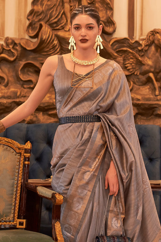 ash grey tusser silk saree 1 1