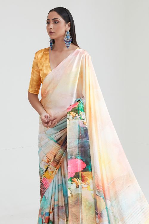 off white cream satin crepe saree 1