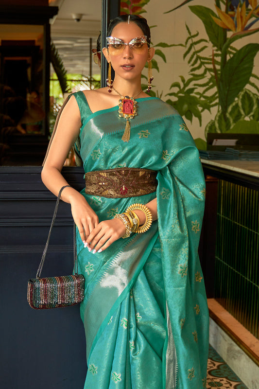 turquoise blue organza saree 1
