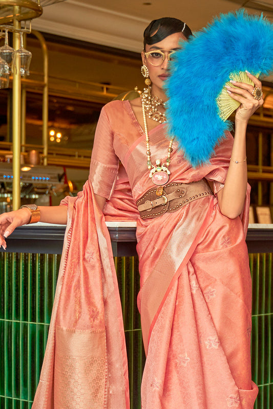 peach pink organza saree 1